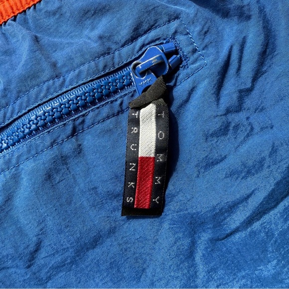 VINTAGE! 90’s Tommy Hilfiger 5” Men's Swim Trunks Blue & Orange Spell Out Logo - Picture 7 of 7